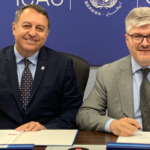​ICAO Secretary General Juan Carlos Salazar (right) and the Director General of ACI World Luis Felipe de Oliveira signed an agreement on 27 July 2023 to launch the Aerodrome Certification Implementation Package (iPack) of materials for regulators and airport operators.
