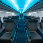 The new A321 Air Canada cabin interior showing the full-colour LED mood lighting in blue