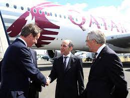 Sir Gerald Howarth with prime minister David Cameron and Qatar Airways CEO H.E. Akbar Al Baker at Farnborough Airshow 2016