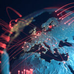 High quality 3D rendered image representing big data, global networks and international flight routes