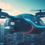 AI generated images of an eVTOL flying high over a city at sunset.