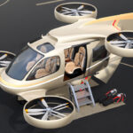 Metallic golden flying car ( air taxi) parking on Drone Port. 3D rendering image. Henkel