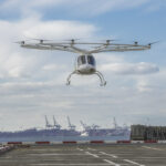 Volocopter 2X flying crewed over Downton Manhatten completing the first ever eVTOL-fight in Downtown Manhattan